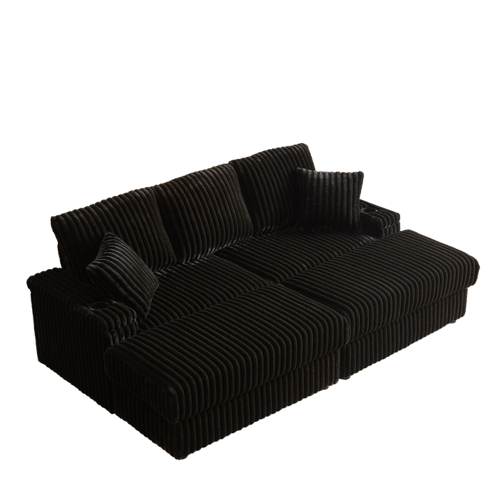 Buy farmhouse furniture Corduroy Comfy Deep-Seat Sofa with Ottoman, Storage and Cup-Holding Grooves - Modern Cottage Farmhouse Furniture