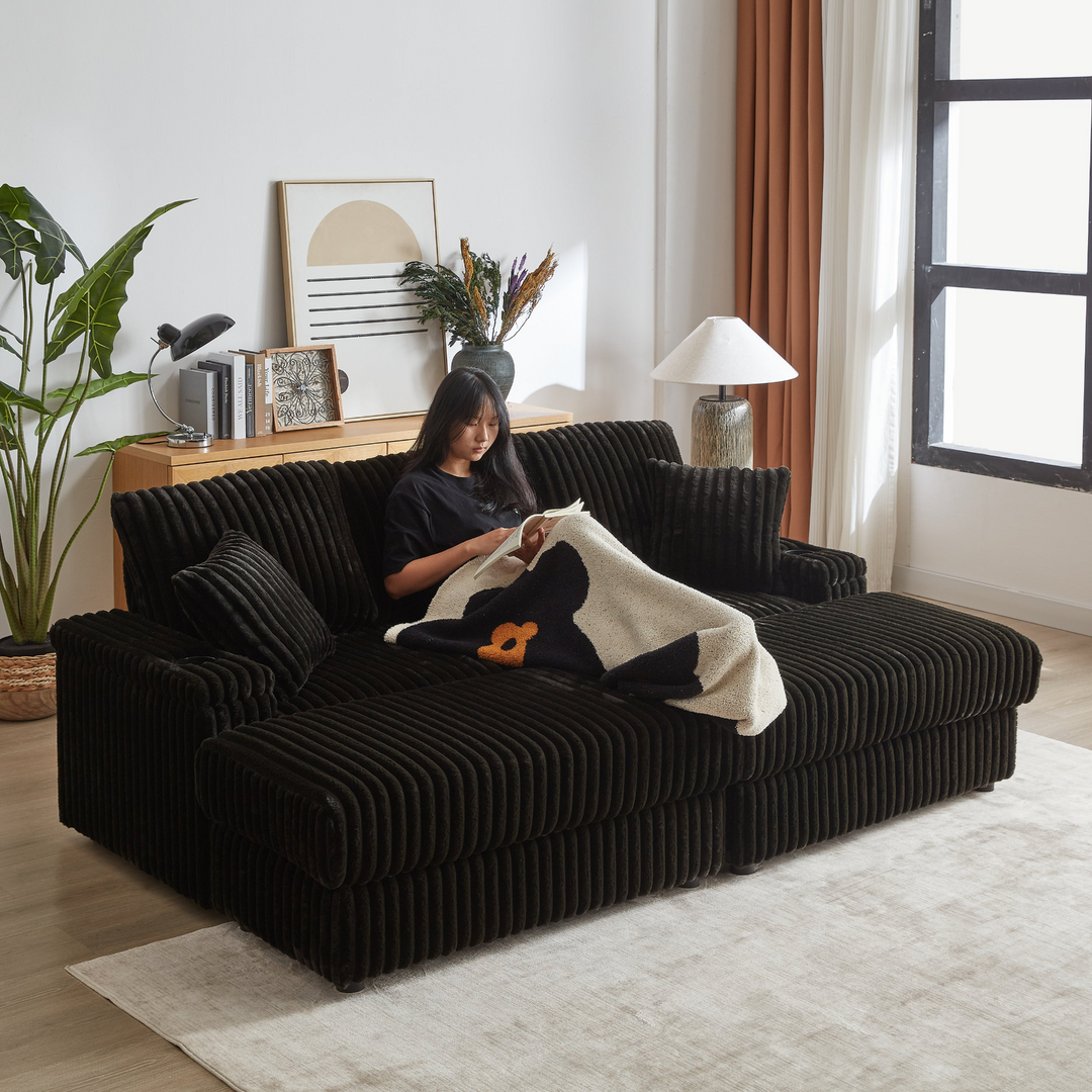 Buy farmhouse furniture Corduroy Comfy Deep-Seat Sofa with Ottoman, Storage and Cup-Holding Grooves - Modern Cottage Farmhouse Furniture