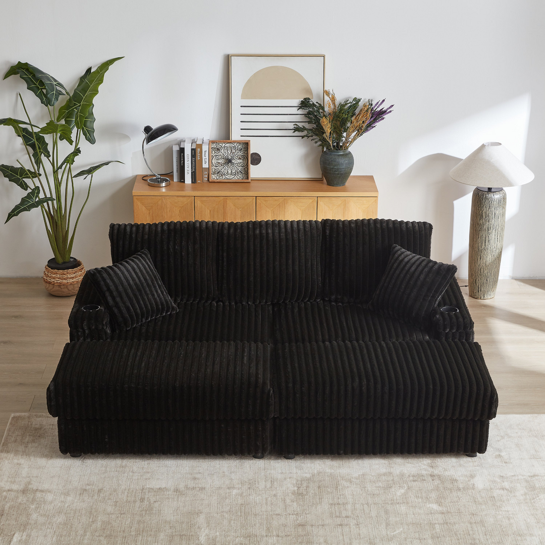 Buy farmhouse furniture Corduroy Comfy Deep-Seat Sofa with Ottoman, Storage and Cup-Holding Grooves - Modern Cottage Farmhouse Furniture