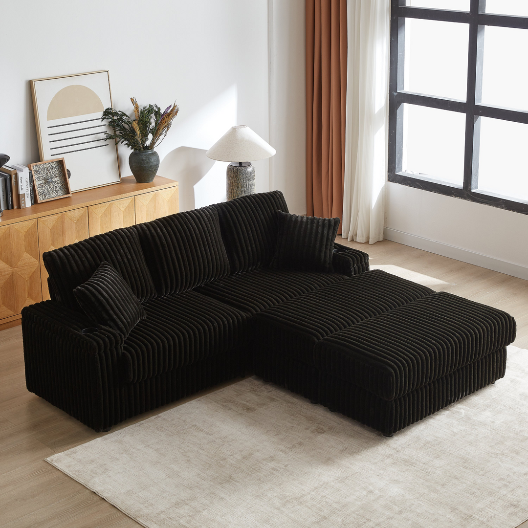 Buy farmhouse furniture Corduroy Comfy Deep-Seat Sofa with Ottoman, Storage and Cup-Holding Grooves - Modern Cottage Farmhouse Furniture
