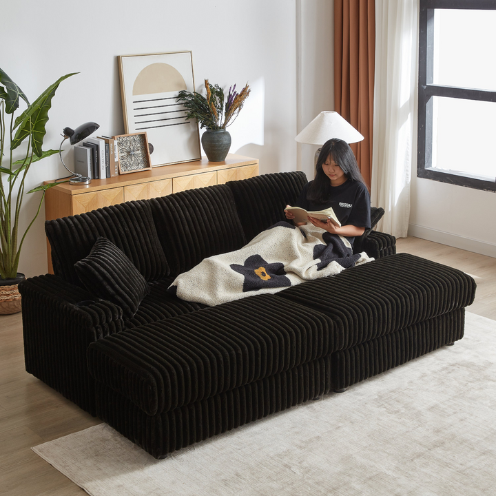 Buy farmhouse furniture Corduroy Comfy Deep-Seat Sofa with Ottoman, Storage and Cup-Holding Grooves - Modern Cottage Farmhouse Furniture