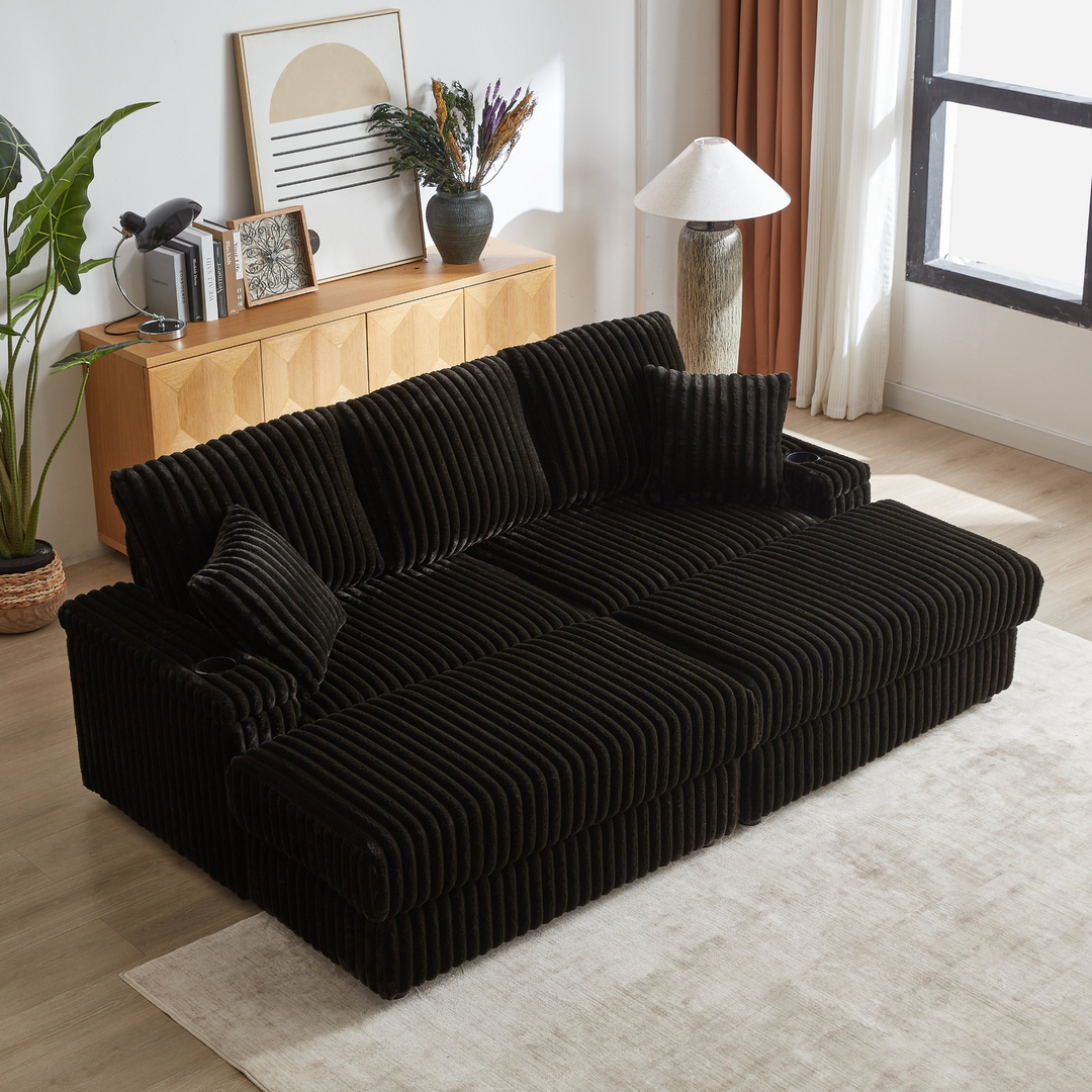 Buy farmhouse furniture Corduroy Comfy Deep-Seat Sofa with Ottoman, Storage and Cup-Holding Grooves - Modern Cottage Farmhouse Furniture