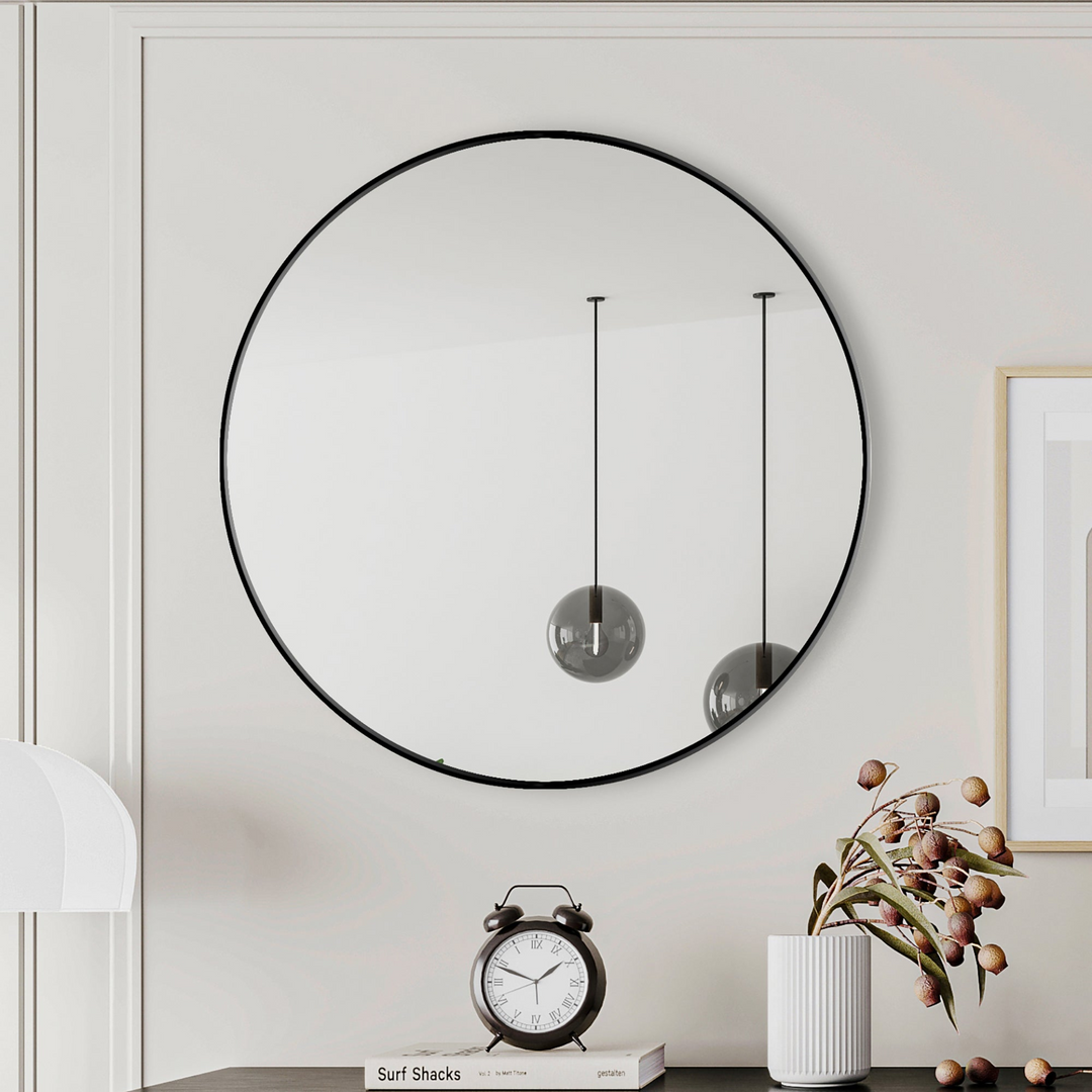 Buy farmhouse furniture Sleek Circular Italian Metal-Framed Wall Mirror - Round Vanity Dressing Mirror for Home Decor - Modern Cottage Farmhouse Furniture