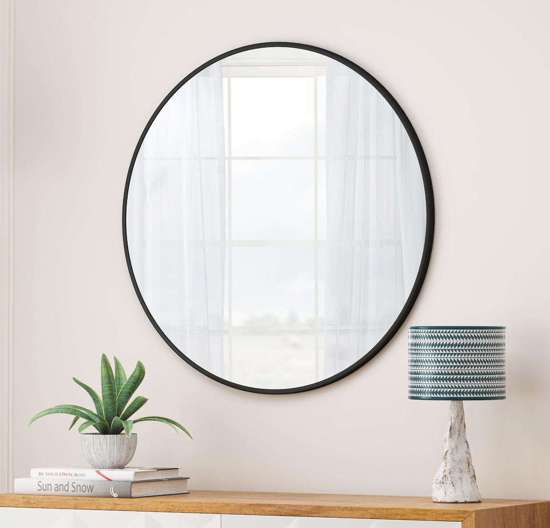 Buy farmhouse furniture Sleek Circular Italian Metal-Framed Wall Mirror - Round Vanity Dressing Mirror for Home Decor - Modern Cottage Farmhouse Furniture
