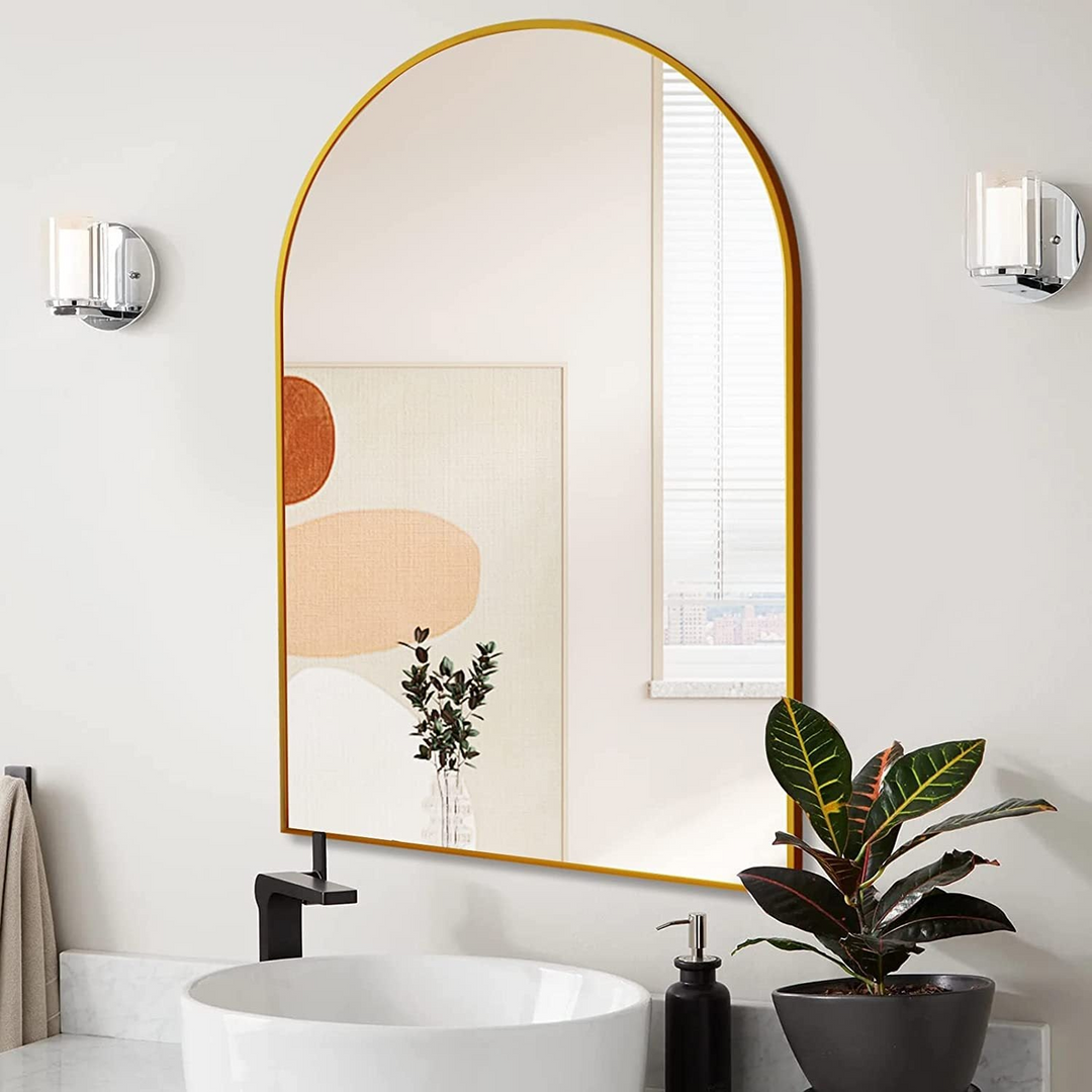 Buy farmhouse furniture Arched Bathroom Mirror | 20×30" Black Metal Frame, Wall Mounted - Modern Cottage Farmhouse Furniture