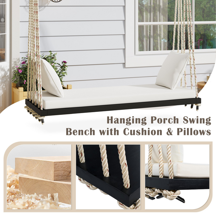 Buy farmhouse furniture Patio Wooden Swing Chair Hanging Porch Swing Bench with Cushion &amp; Pillows - Modern Cottage Farmhouse Furniture