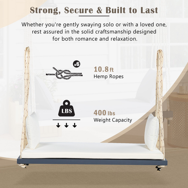Buy farmhouse furniture Patio Wooden Swing Chair Hanging Porch Swing Bench with Cushion &amp; Pillows - Modern Cottage Farmhouse Furniture