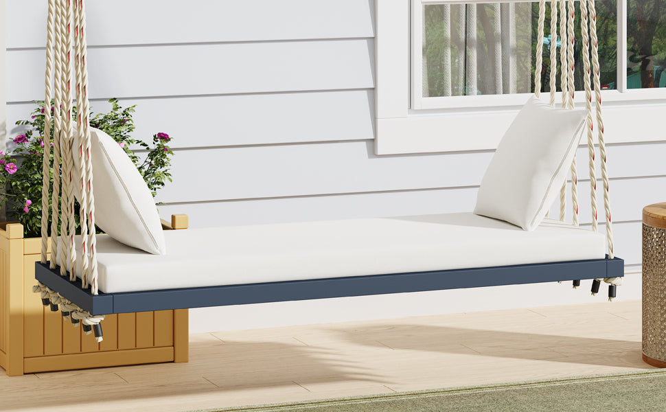 Buy farmhouse furniture Patio Wooden Swing Chair Hanging Porch Swing Bench with Cushion &amp; Pillows - Modern Cottage Farmhouse Furniture