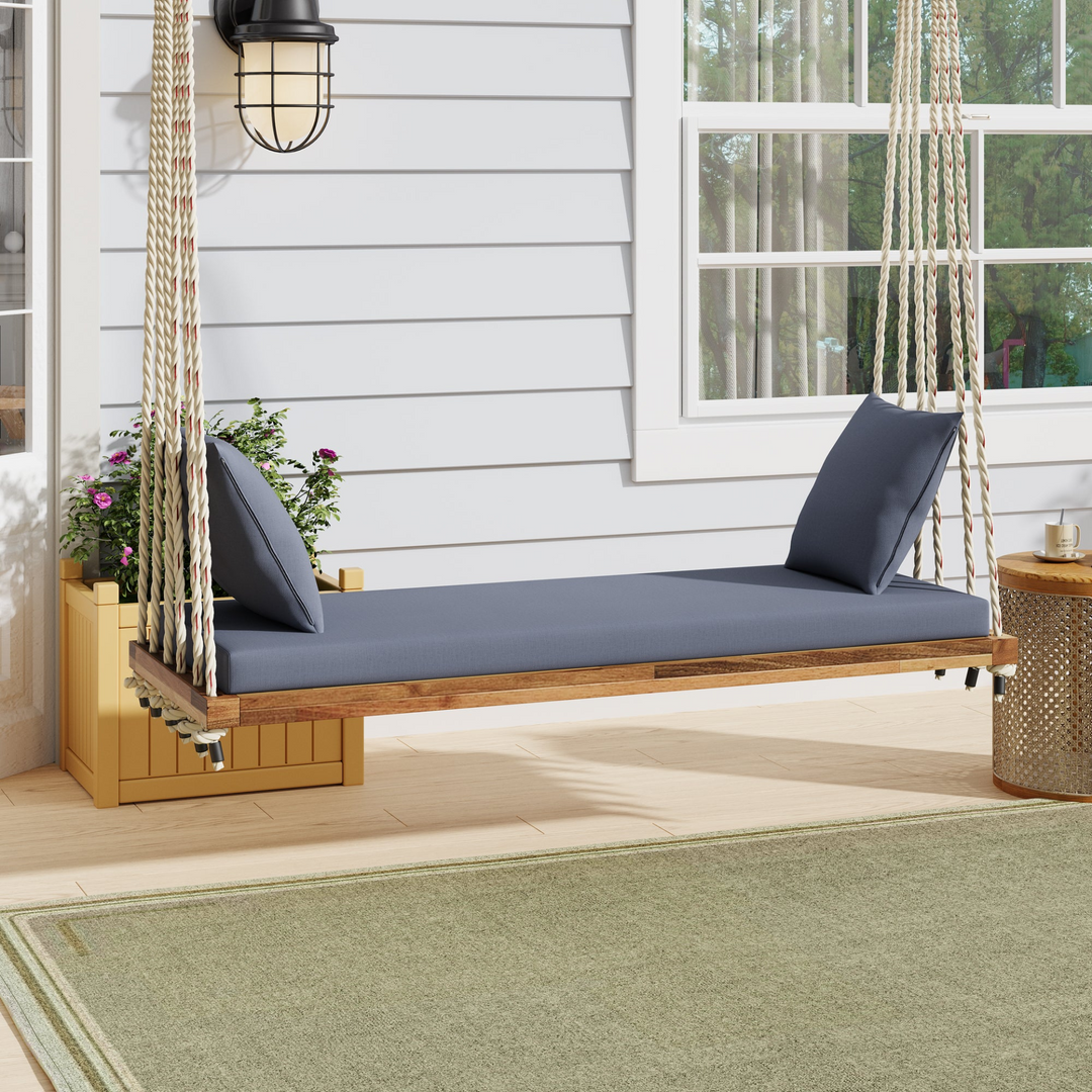 Buy farmhouse furniture Patio Wooden Swing Chair Hanging Porch Swing Bench with Cushion &amp; Pillows - Modern Cottage Farmhouse Furniture