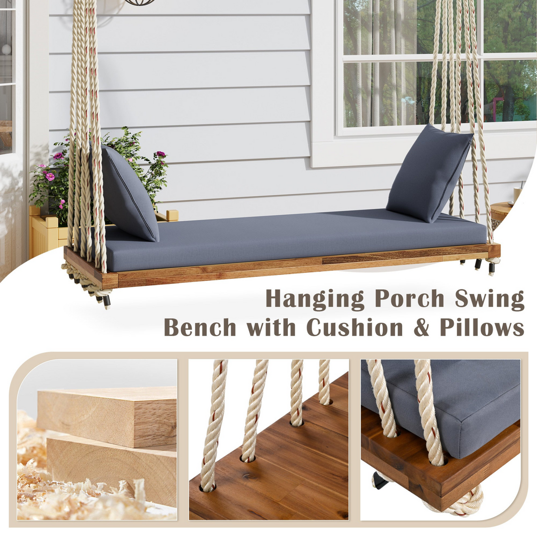 Buy farmhouse furniture Patio Wooden Swing Chair Hanging Porch Swing Bench with Cushion &amp; Pillows - Modern Cottage Farmhouse Furniture