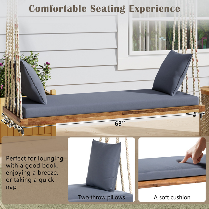 Buy farmhouse furniture Patio Wooden Swing Chair Hanging Porch Swing Bench with Cushion &amp; Pillows - Modern Cottage Farmhouse Furniture