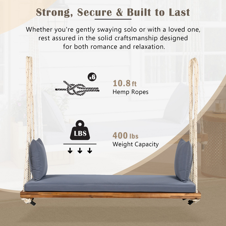 Buy farmhouse furniture Patio Wooden Swing Chair Hanging Porch Swing Bench with Cushion &amp; Pillows - Modern Cottage Farmhouse Furniture