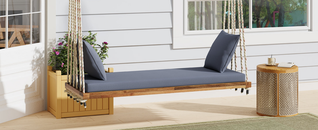 Buy farmhouse furniture Patio Wooden Swing Chair Hanging Porch Swing Bench with Cushion &amp; Pillows - Modern Cottage Farmhouse Furniture
