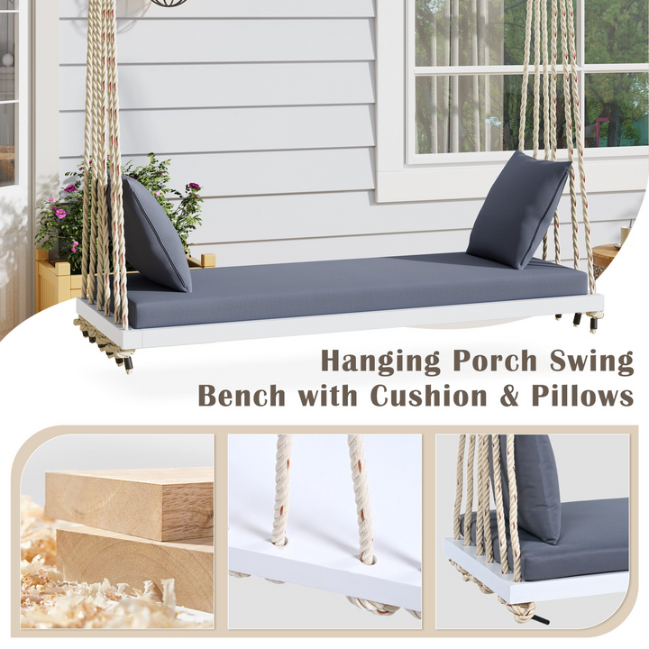 Buy farmhouse furniture Patio Wooden Swing Chair Hanging Porch Swing Bench with Cushion &amp; Pillows - Modern Cottage Farmhouse Furniture