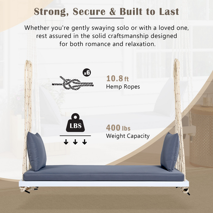 Buy farmhouse furniture Patio Wooden Swing Chair Hanging Porch Swing Bench with Cushion &amp; Pillows - Modern Cottage Farmhouse Furniture