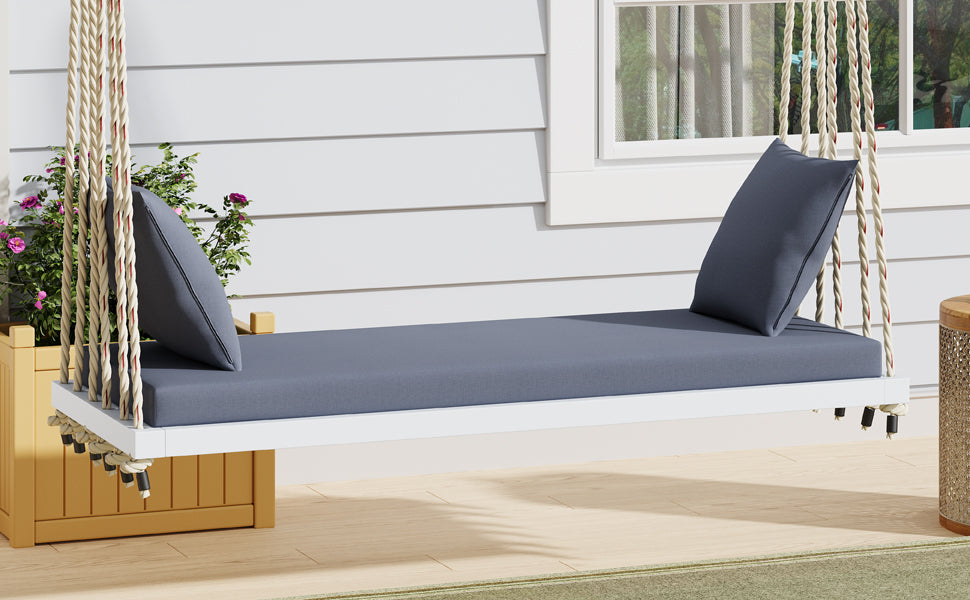 Buy farmhouse furniture Patio Wooden Swing Chair Hanging Porch Swing Bench with Cushion &amp; Pillows - Modern Cottage Farmhouse Furniture