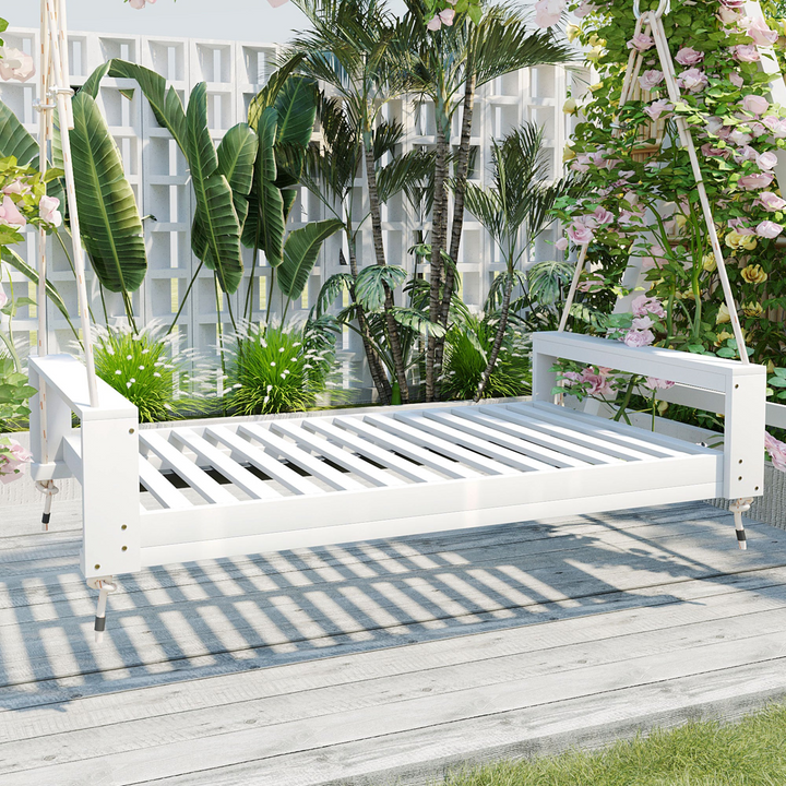 Buy farmhouse furniture Twin Size Porch Swing Bed - Premium Acacia Wood Frame with Durable Hemp Ropes for Backyard Relaxation - Modern Cottage Farmhouse Furniture