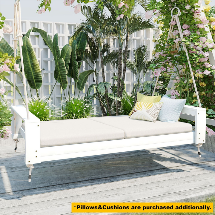 Buy farmhouse furniture Twin Size Porch Swing Bed - Premium Acacia Wood Frame with Durable Hemp Ropes for Backyard Relaxation - Modern Cottage Farmhouse Furniture