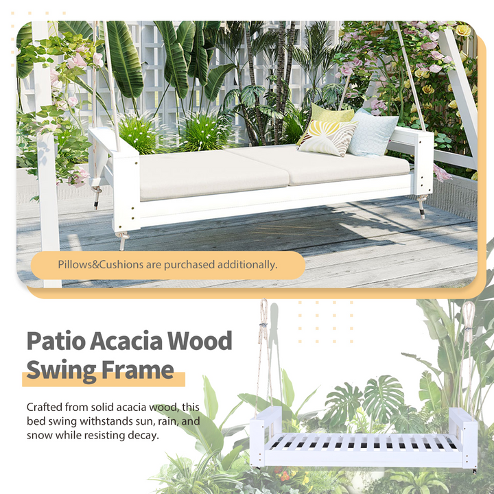 Buy farmhouse furniture Twin Size Porch Swing Bed - Premium Acacia Wood Frame with Durable Hemp Ropes for Backyard Relaxation - Modern Cottage Farmhouse Furniture