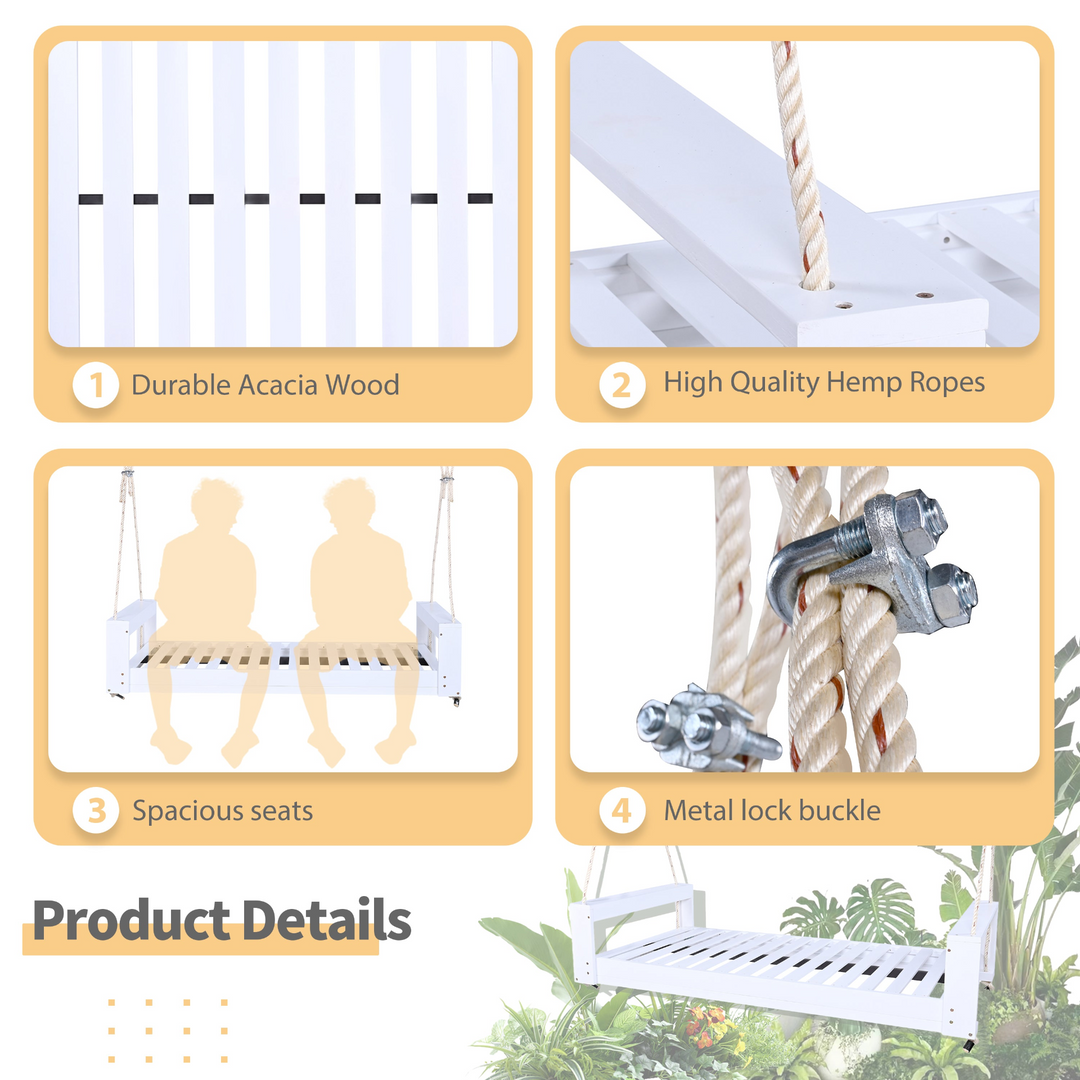 Buy farmhouse furniture Twin Size Porch Swing Bed - Premium Acacia Wood Frame with Durable Hemp Ropes for Backyard Relaxation - Modern Cottage Farmhouse Furniture