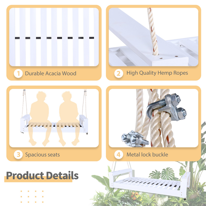 Buy farmhouse furniture Twin Size Porch Swing Bed - Premium Acacia Wood Frame with Durable Hemp Ropes for Backyard Relaxation - Modern Cottage Farmhouse Furniture