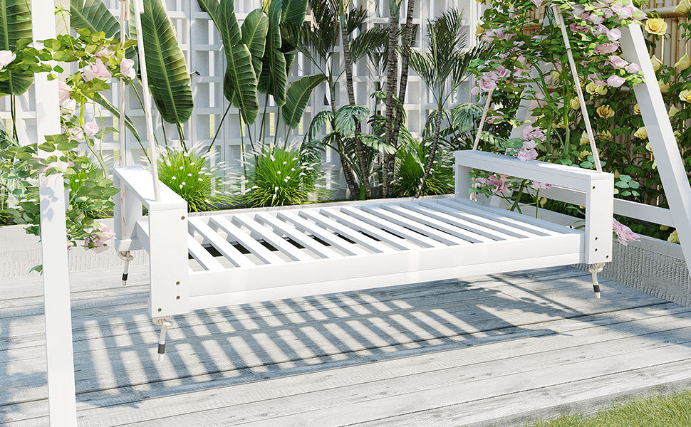 Buy farmhouse furniture Twin Size Porch Swing Bed - Premium Acacia Wood Frame with Durable Hemp Ropes for Backyard Relaxation - Modern Cottage Farmhouse Furniture
