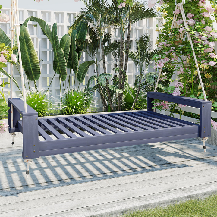 Buy farmhouse furniture Twin Size Porch Swing Bed - Premium Acacia Wood Frame with Durable Hemp Ropes for Backyard Relaxation - Modern Cottage Farmhouse Furniture