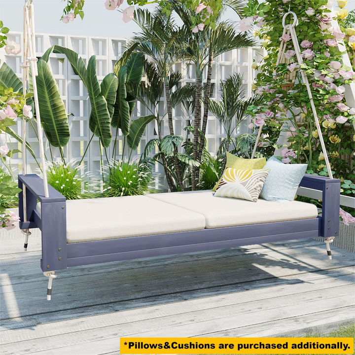 Buy farmhouse furniture Twin Size Porch Swing Bed - Premium Acacia Wood Frame with Durable Hemp Ropes for Backyard Relaxation - Modern Cottage Farmhouse Furniture
