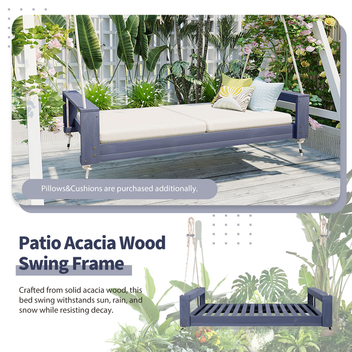 Buy farmhouse furniture Twin Size Porch Swing Bed - Premium Acacia Wood Frame with Durable Hemp Ropes for Backyard Relaxation - Modern Cottage Farmhouse Furniture