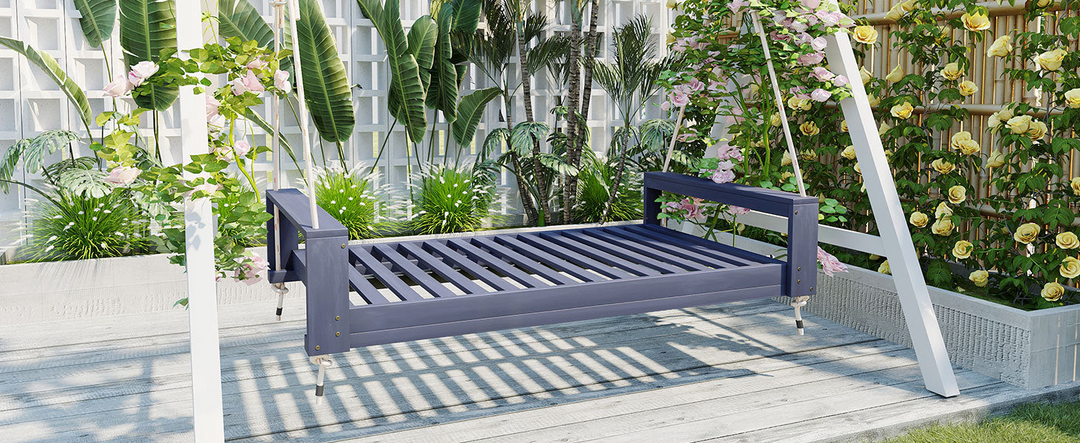 Buy farmhouse furniture Twin Size Porch Swing Bed - Premium Acacia Wood Frame with Durable Hemp Ropes for Backyard Relaxation - Modern Cottage Farmhouse Furniture