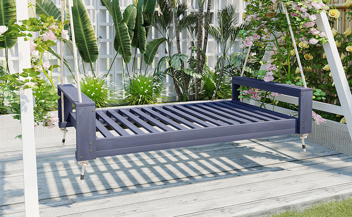 Buy farmhouse furniture Twin Size Porch Swing Bed - Premium Acacia Wood Frame with Durable Hemp Ropes for Backyard Relaxation - Modern Cottage Farmhouse Furniture