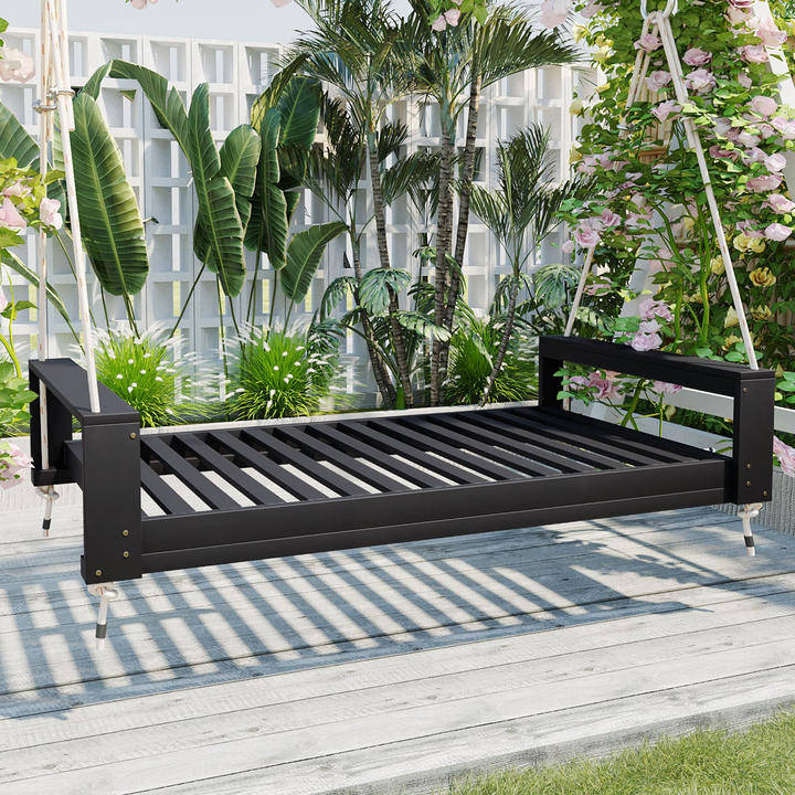 Buy farmhouse furniture Twin Size Porch Swing Bed - Premium Acacia Wood Frame with Durable Hemp Ropes for Backyard Relaxation - Modern Cottage Farmhouse Furniture