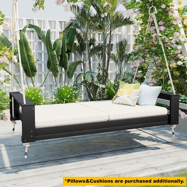 Buy farmhouse furniture Twin Size Porch Swing Bed - Premium Acacia Wood Frame with Durable Hemp Ropes for Backyard Relaxation - Modern Cottage Farmhouse Furniture