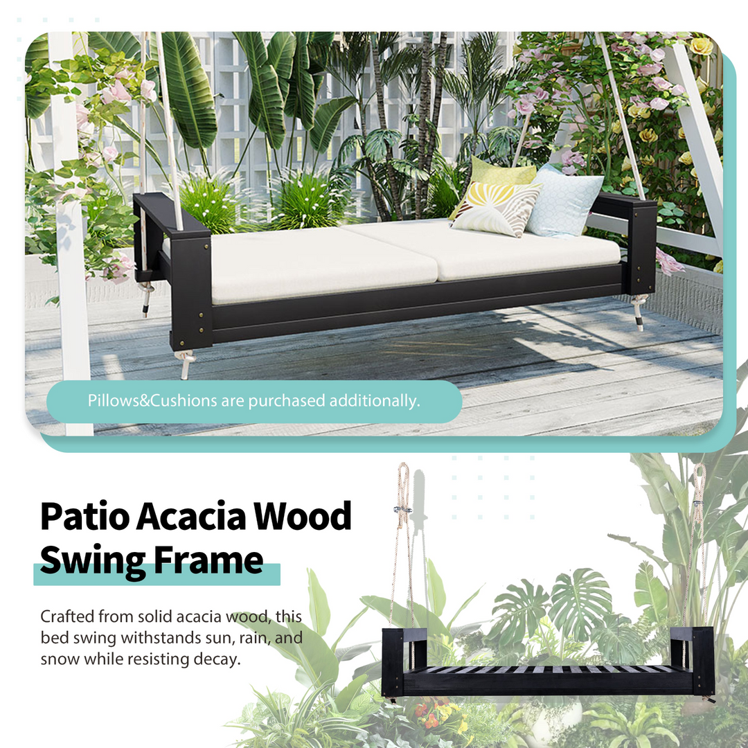 Buy farmhouse furniture Twin Size Porch Swing Bed - Premium Acacia Wood Frame with Durable Hemp Ropes for Backyard Relaxation - Modern Cottage Farmhouse Furniture