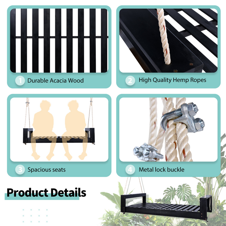 Buy farmhouse furniture Twin Size Porch Swing Bed - Premium Acacia Wood Frame with Durable Hemp Ropes for Backyard Relaxation - Modern Cottage Farmhouse Furniture