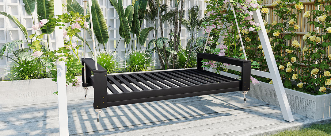 Buy farmhouse furniture Twin Size Porch Swing Bed - Premium Acacia Wood Frame with Durable Hemp Ropes for Backyard Relaxation - Modern Cottage Farmhouse Furniture