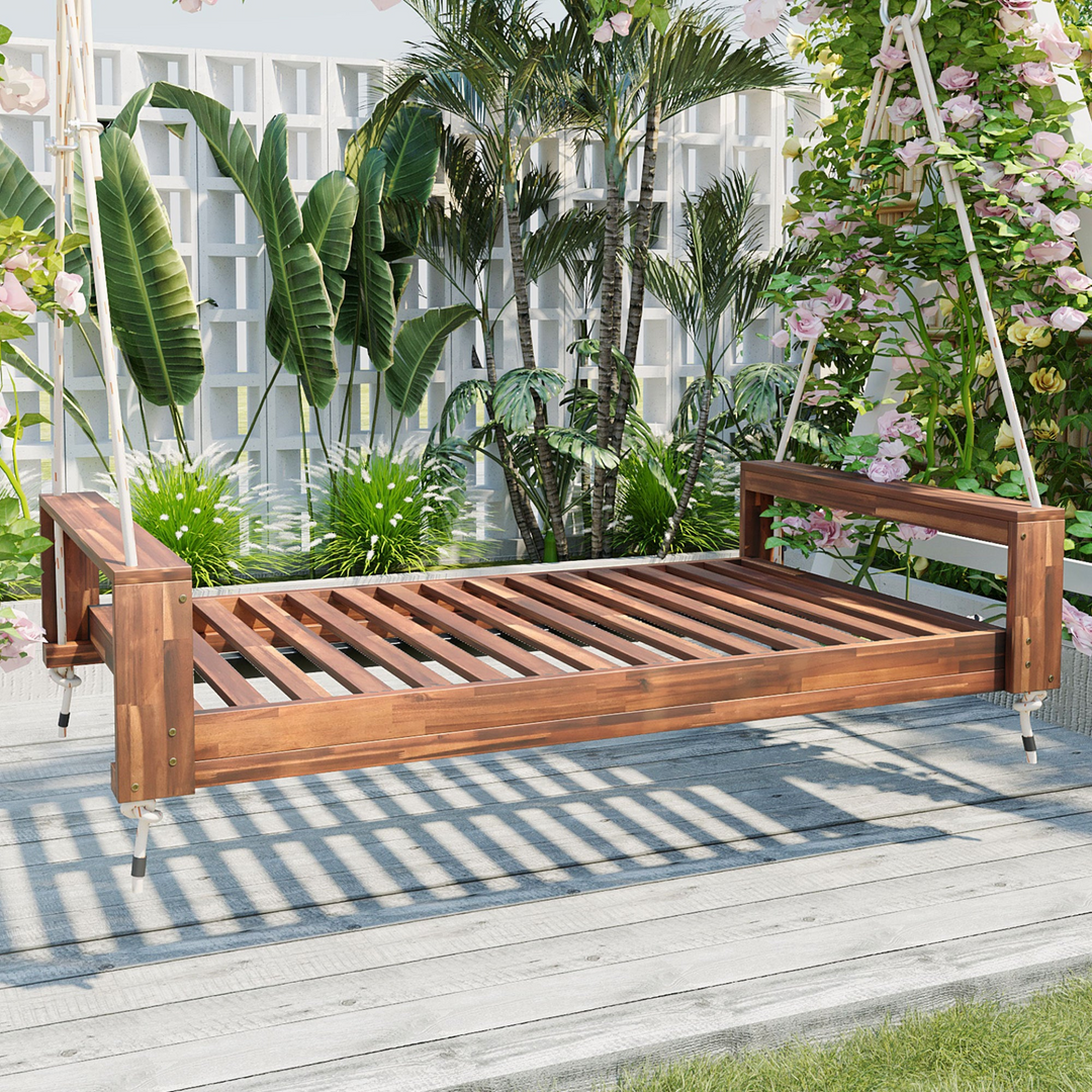 Buy farmhouse furniture Twin Size Porch Swing Bed - Premium Acacia Wood Frame with Durable Hemp Ropes for Backyard Relaxation - Modern Cottage Farmhouse Furniture