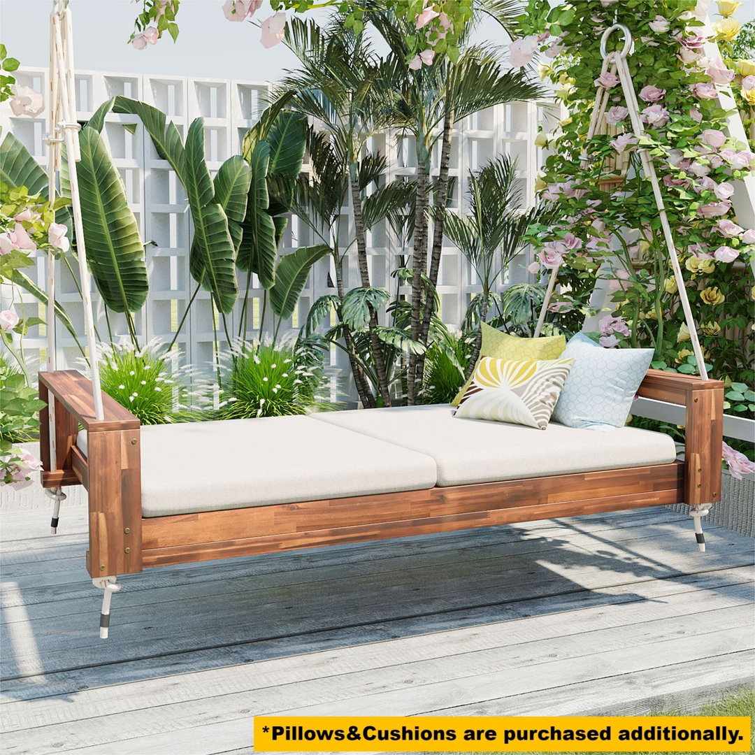 Buy farmhouse furniture Twin Size Porch Swing Bed - Premium Acacia Wood Frame with Durable Hemp Ropes for Backyard Relaxation - Modern Cottage Farmhouse Furniture