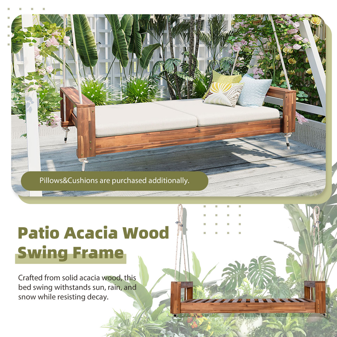 Buy farmhouse furniture Twin Size Porch Swing Bed - Premium Acacia Wood Frame with Durable Hemp Ropes for Backyard Relaxation - Modern Cottage Farmhouse Furniture