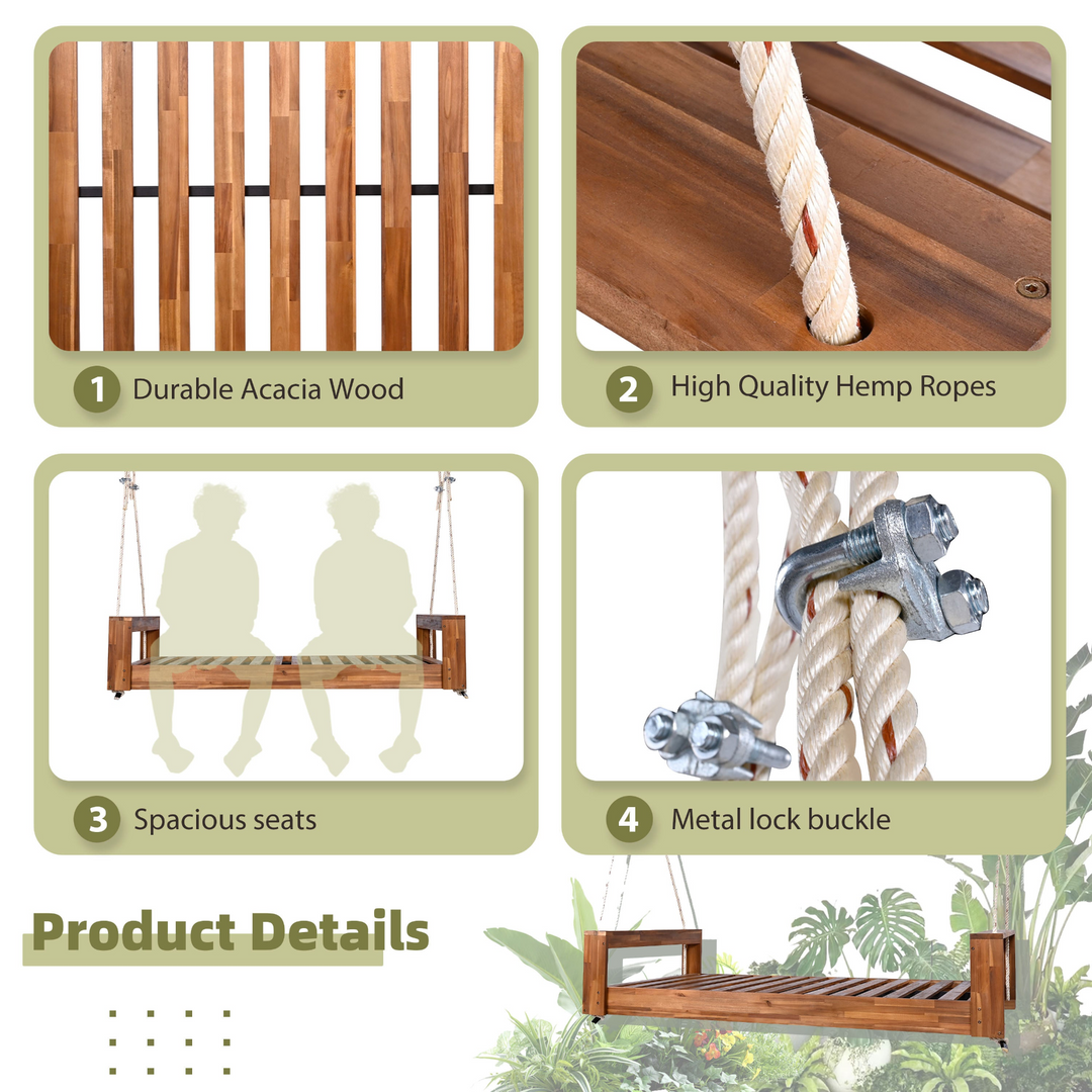 Buy farmhouse furniture Twin Size Porch Swing Bed - Premium Acacia Wood Frame with Durable Hemp Ropes for Backyard Relaxation - Modern Cottage Farmhouse Furniture