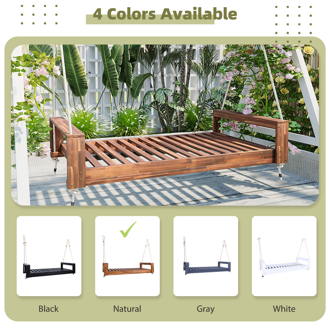 Buy farmhouse furniture Twin Size Porch Swing Bed - Premium Acacia Wood Frame with Durable Hemp Ropes for Backyard Relaxation - Modern Cottage Farmhouse Furniture