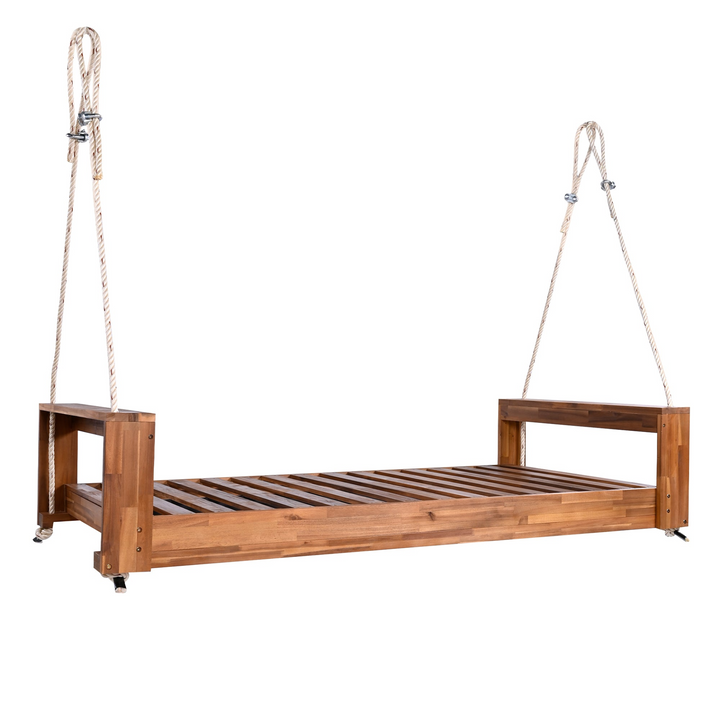 Buy farmhouse furniture Twin Size Porch Swing Bed - Premium Acacia Wood Frame with Durable Hemp Ropes for Backyard Relaxation - Modern Cottage Farmhouse Furniture