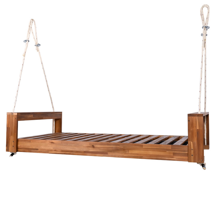 Buy farmhouse furniture Twin Size Porch Swing Bed - Premium Acacia Wood Frame with Durable Hemp Ropes for Backyard Relaxation - Modern Cottage Farmhouse Furniture