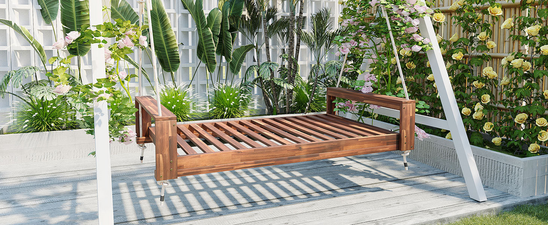 Buy farmhouse furniture Twin Size Porch Swing Bed - Premium Acacia Wood Frame with Durable Hemp Ropes for Backyard Relaxation - Modern Cottage Farmhouse Furniture