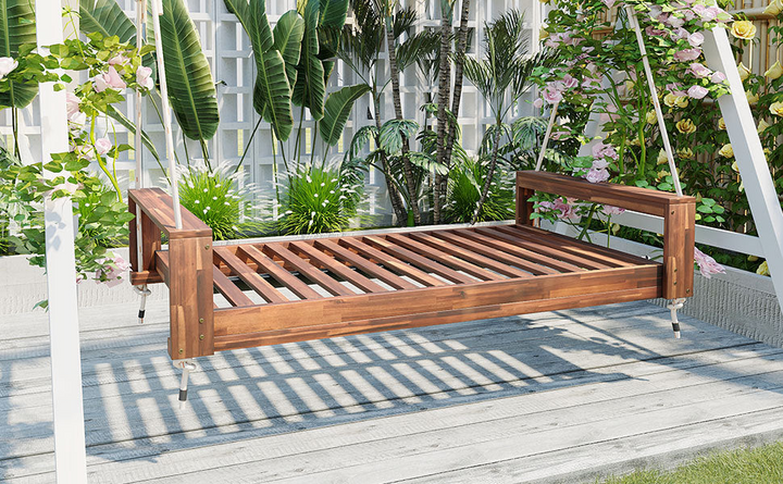 Buy farmhouse furniture Twin Size Porch Swing Bed - Premium Acacia Wood Frame with Durable Hemp Ropes for Backyard Relaxation - Modern Cottage Farmhouse Furniture
