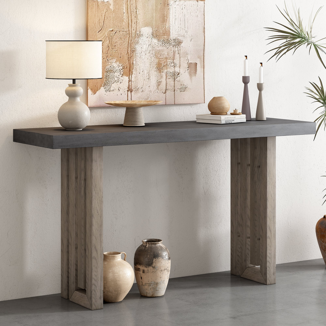 Buy farmhouse furniture Modern Oak Veneer Console Foyer Table with Distinctive Sculpted Side Shapes - Perfect for Entryway or Living Room - Modern Cottage Farmhouse Furniture