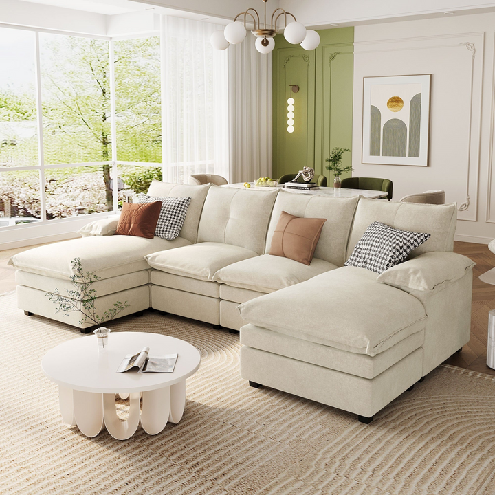 Buy farmhouse furniture U-Shaped Chenille Sectional Sofa with Adjustable Armrest and Pillows for Living Rooms, Offices - Modern Cottage Farmhouse Furniture
