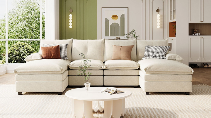 Buy farmhouse furniture U-Shaped Chenille Sectional Sofa with Adjustable Armrest and Pillows for Living Rooms, Offices - Modern Cottage Farmhouse Furniture