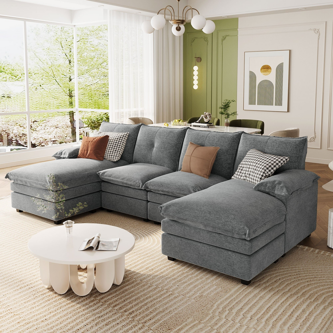 Buy farmhouse furniture U-Shaped Chenille Sectional Sofa with Adjustable Armrest and Pillows for Living Rooms, Offices - Modern Cottage Farmhouse Furniture