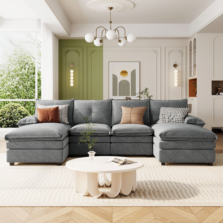 Buy farmhouse furniture U-Shaped Chenille Sectional Sofa with Adjustable Armrest and Pillows for Living Rooms, Offices - Modern Cottage Farmhouse Furniture